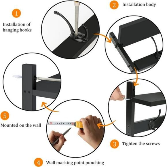 Wall Mounted Shelf With Hooks Entryway Organizer Rack Black Wood Hanging Shelf - Picture 7 of 8